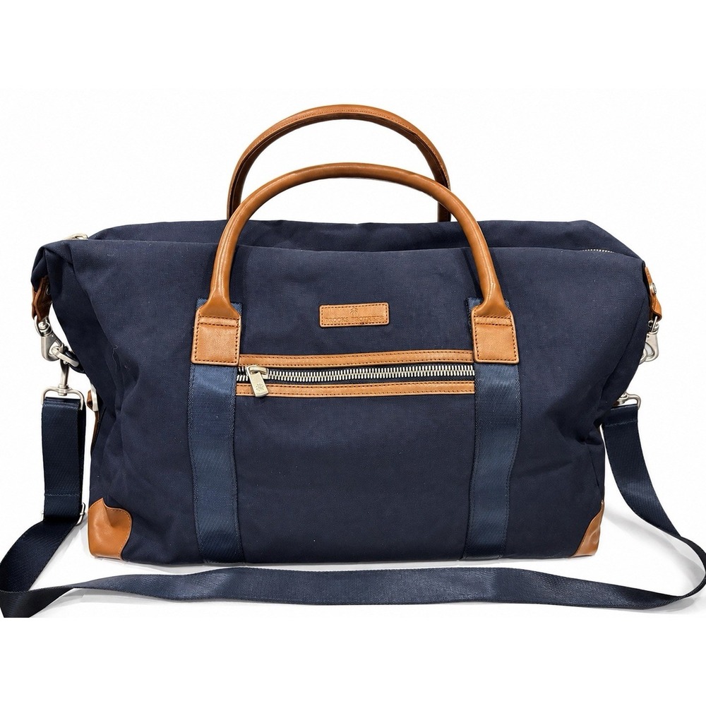 Brooks Brothers Navy Canvas Leather Trim Weekender Duffel Travel Bag Plaid